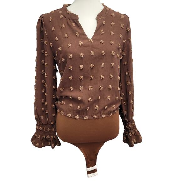 B Womens Small 100% Polyester Long Smocked Sleeve Textured Polka Doted Bodysuit - Picture 1 of 5